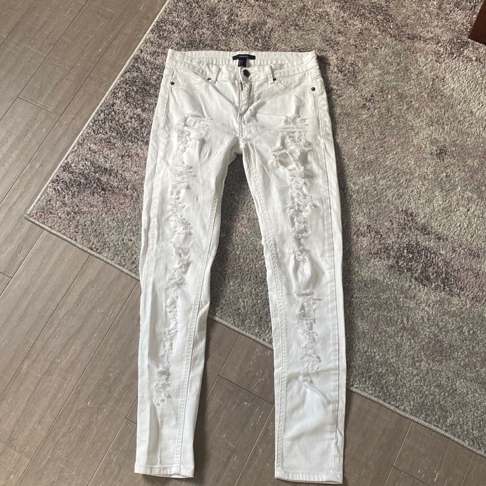 Forever 21 F21 Junior's White Destroyed Distressed Skinny Denim Jeans Sz L